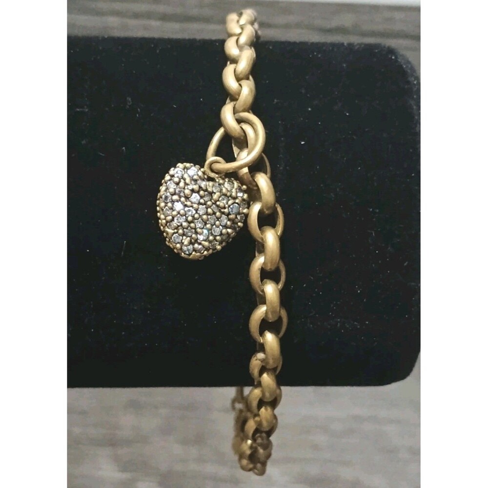 Waxing Poetic Brass Rolo Chain Pave Swarovski Crystal Heart Charm Bracelet